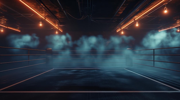 Generative AI professional boxing ring with spotlights and smokey background martial arts sport