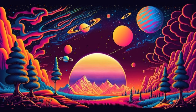 Generative AI Psychedelic Space banner template nostalgic 80s 90s background
