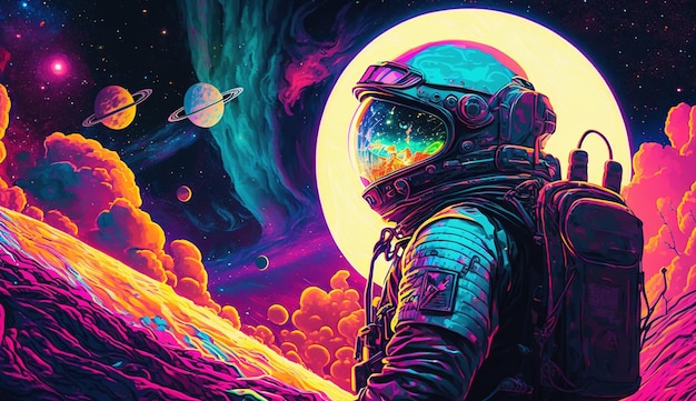 Генеративный AI Psychedelic Space баннер шаблон ностальгический фон 80-х 90-х годов