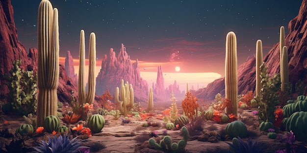 Generative AI psychedelic and surreal scenery with cactus in the desert Landscape of the wild west