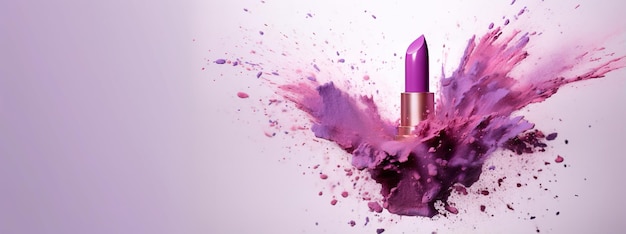 Generative AI Purple lipstick powder splashes and smoke on purple background