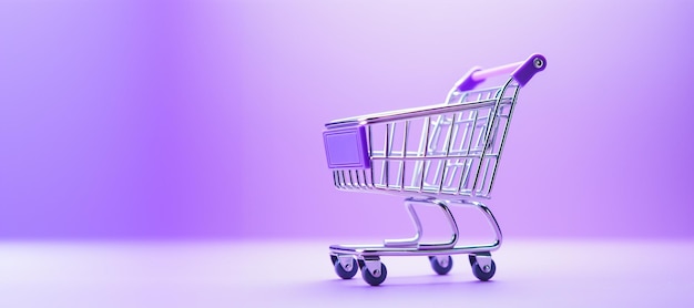 Generative AI purple shopping cart on purple background minimalistic shop online