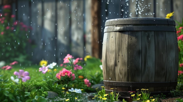 Generative AI rainwater harvesting system in the garden with barrel ecological reusing water concept