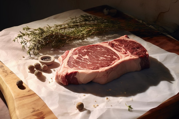 Photo generative ai raw fresh ribeye steak on a board on a table prepared for the grill cowboy steak