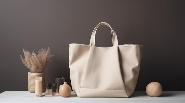 Generative AI Realistic beige tote canvas fabric bag setup in at home interior shopper mock up