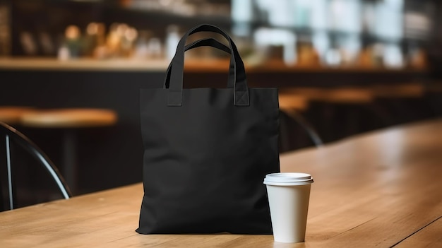 Generative AI Realistic black tote canvas fabric bag setup in at cafe coffee shop interior mock up