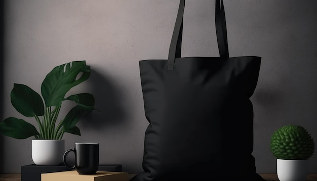 Generative AI Realistic black tote canvas fabric bag setup in at home interior mug mock up blank