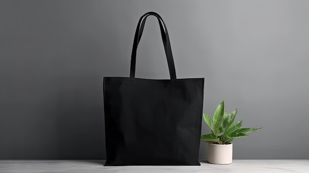 Generative AI Realistic black tote canvas fabric bag setup in at home interior mug mock up blankx9