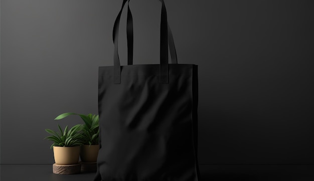 Generative AI Realistic black tote canvas fabric bag setup in at home interior mug mock up blankx9