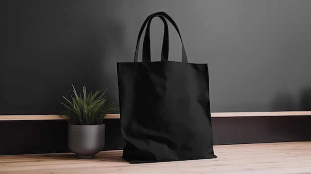 Generative AI Realistic black tote canvas fabric bag setup in at home minimalistic interior