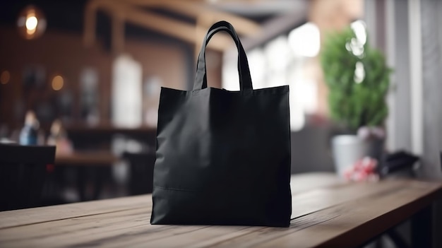 Генеративный AI Реалистичная черная сумка из холщовой ткани, установленная в интерьере или на открытом воздухе, макет покупателя