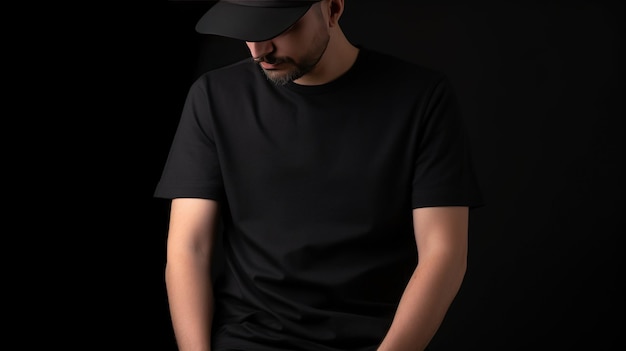 Генеративный AI Реалистичная черная футболка макет пустого надет на копирайт молодого человека для презентации