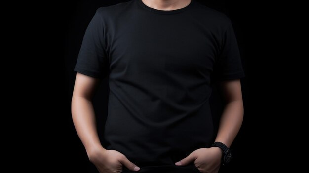 Generative AI Realistic black TShirt mock up blank put on young man copyspace for presentation