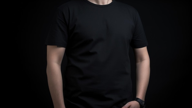 Generative AI Realistic black TShirt mock up blank put on young man copyspace for presentation