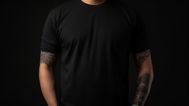 Генеративный AI Реалистичная черная футболка макет пустого надет на копирайт молодого человека для презентации