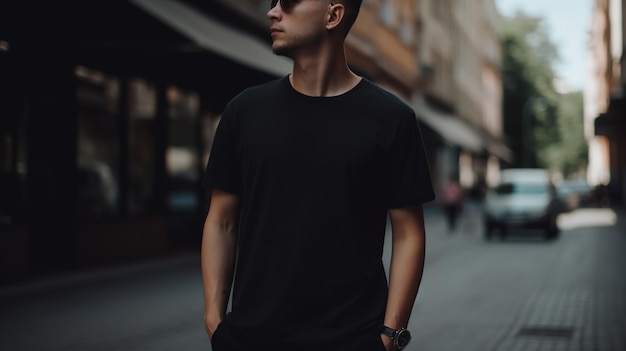 Generative AI Realistic black TShirt mock up blank put on young man copyspace for presentation