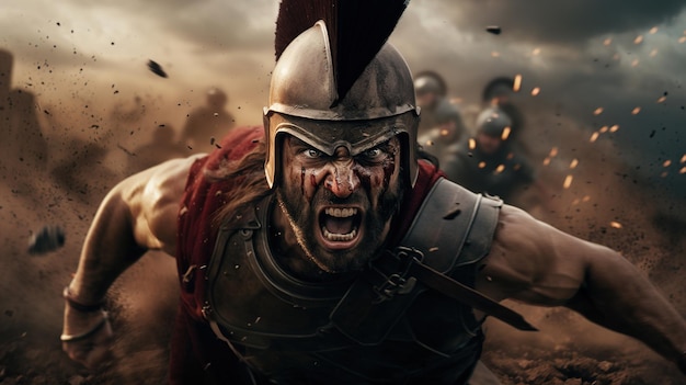 Foto generativa ai illustrazione realistica di un feroce gladiatore che attacca correndo gladiatore romano corazzato in combattimento che brandisce una spada che carica verso il suo nemico