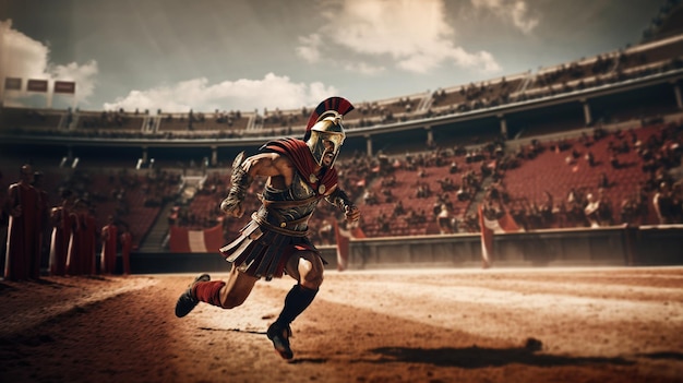 Photo generative ai realistic illustration of fierce gladiator attacking running armoured roman gladiator