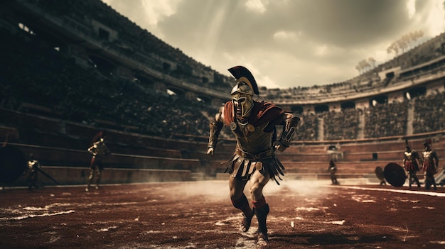 Foto ai generativa illustrazione realistica di un feroce gladiatore che attacca correndo