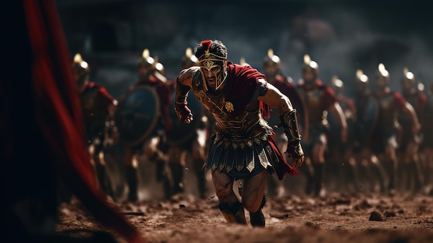 Generative AI Realistic illustration of a fierce gladiator attacking running