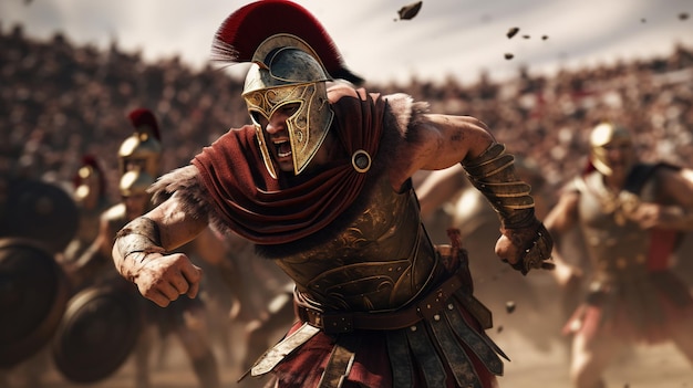 Фото Реалистичная иллюстрация жестокого гладиатора, атакующего в беге бронированный римский гладиатор в бою, размахивающий мечом, атакующий своего врага