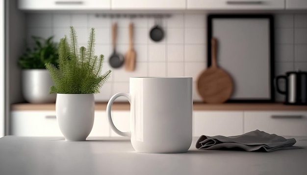 Generative AI Realistic white ceramic cup setup in at home interior mug mock up blank