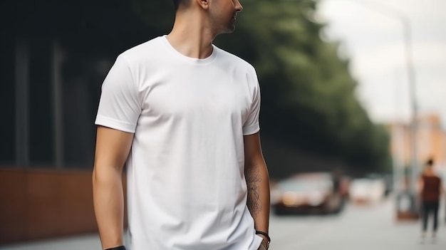 Генеративный AI Реалистичная белая футболка макет пустого надет на копирайт молодого человека для презентации