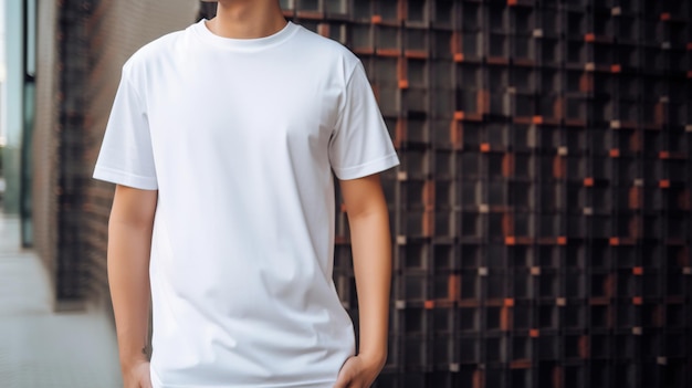 Generative AI Realistic white TShirt mock up blank put on young man copyspace for presentation