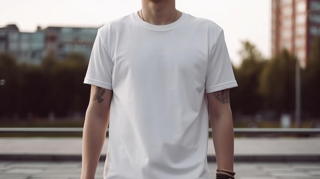 Generative AI Realistic white TShirt mock up blank put on young man copyspace for presentation