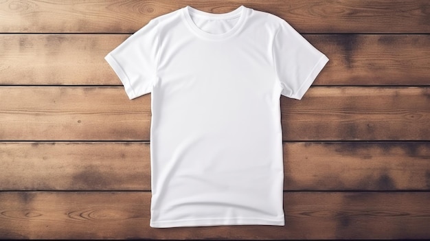 Generative AI Realistic white TShirt mock up blank on wood background for presentation advertising