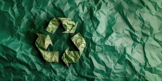 Photo generative ai a recycling logo sign made of crumpled paper zero waste reuse concept with copy space