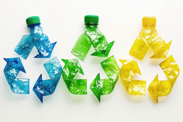 Generative AI A recycling logo sign made of crumpled plastic bottles zero waste reuse
