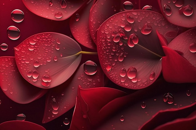 Generative ai red flower petals dew drops fresh flowers macro top view