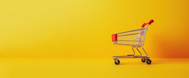 Generative AI red metallic shopping cart on yellow background minimalistic shop online