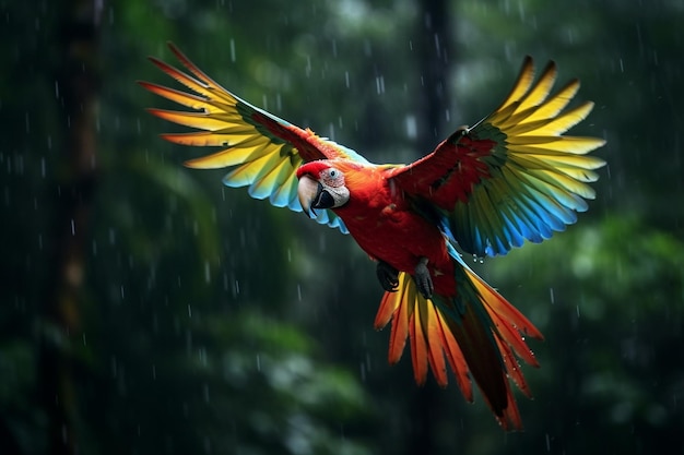 Generative AI Red parrot in the rain Macaw parrot flying in dark