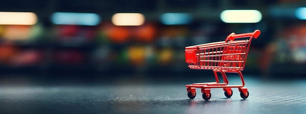 Generative AI red shopping cart in the supermarket free delivery discounts and sale concept