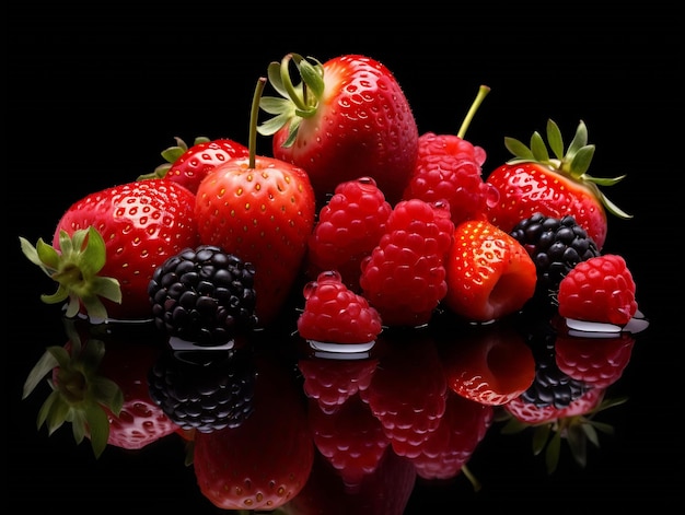 Generative AI Red strawberries falling into water on black background Fresh fruits splashing