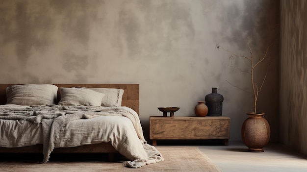 Generative AI Relaxing bedroom detail of bed with natural linen textured bedding muted neutral aesthetic colors