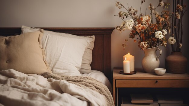 Generative AI Relaxing bedroom detail of bed with natural linen textured bedding muted neutral aesthetic colors