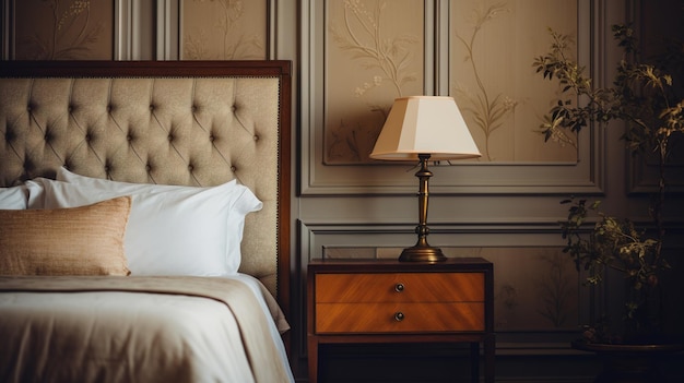 Generative AI Relaxing bedroom detail of bed with natural linen textured bedding muted neutral aesthetic colors