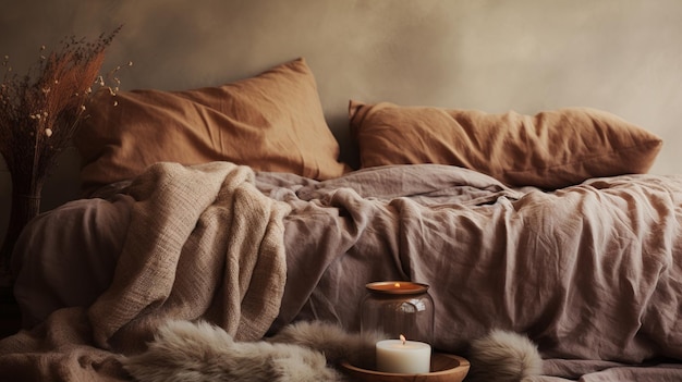 Релаксирующая спальная деталь кровати с натуральным льняным текстурированным постельным бельем с приглушенными нейтральными эстетическими цветами