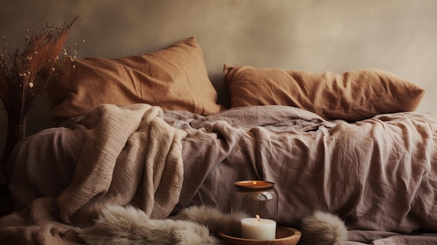 Generative AI Relaxing bedroom detail of bed with natural linen textured bedding muted neutral aesthetic colors