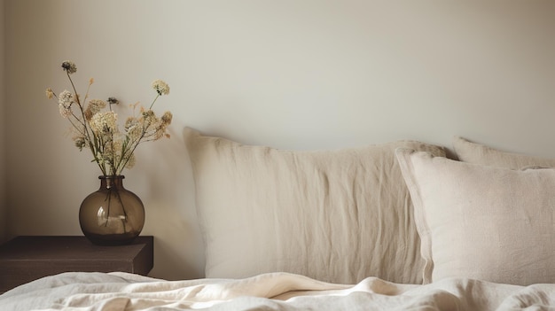 Генеративная ИИ Расслабляющаяся деталь спальни с постелью из натурального льняного текстиля