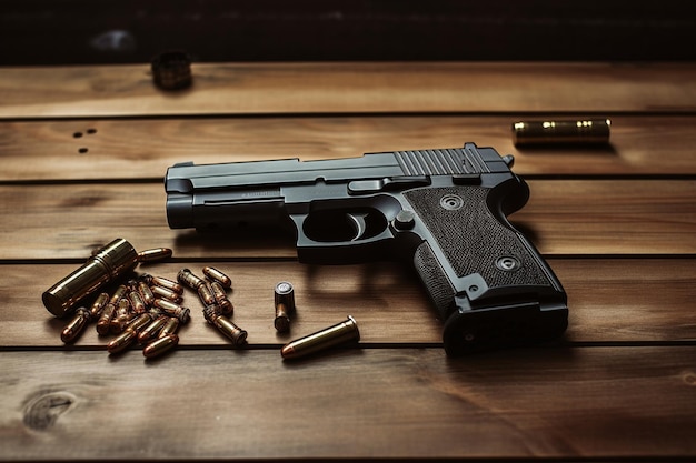 Generative AI revolver gun with bullets isolated on wooden background hand gun with ammunition