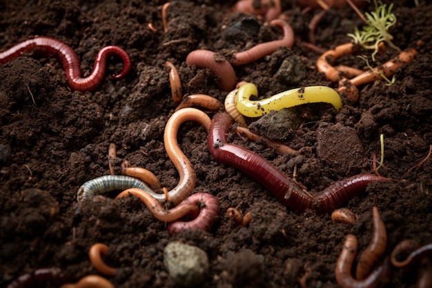 Foto composto generativo di suolo ricco di ai con vermi da rifiuti organici su cumulo di composto