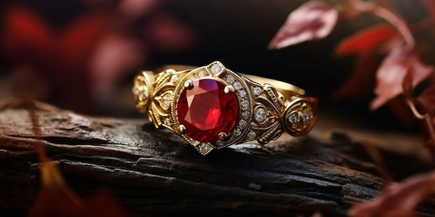 Generative AI A ring made of gold and red ruby