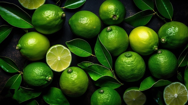 Generative AI ripe fresh limes fruit with leaves healthy food photorealistic illustration