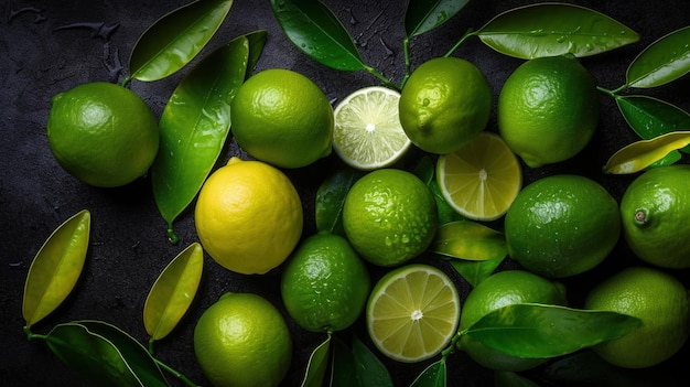 Generative AI ripe fresh limes fruit with leaves healthy food photorealistic illustration