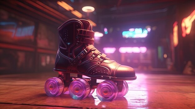 Photo generative ai roller skate in cyberpunk style disco nostalgic 80s 90s neon night lights