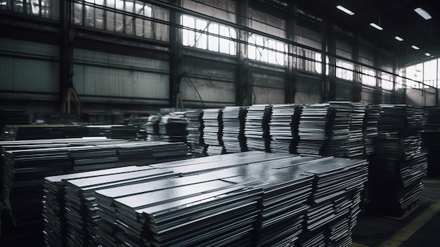 Generative AI Rolls of galvanized steel sheet inside the factory or warehouse